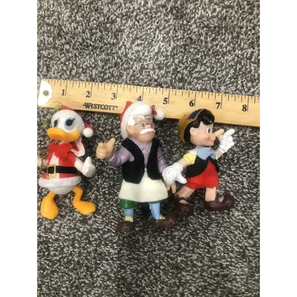 Geppetto & plastic Pinocchio & Donald character figures Christmas Ornaments VTG